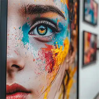 A close-up of a colorful abstract painting of a woman's face, displayed in an art gallery setting.